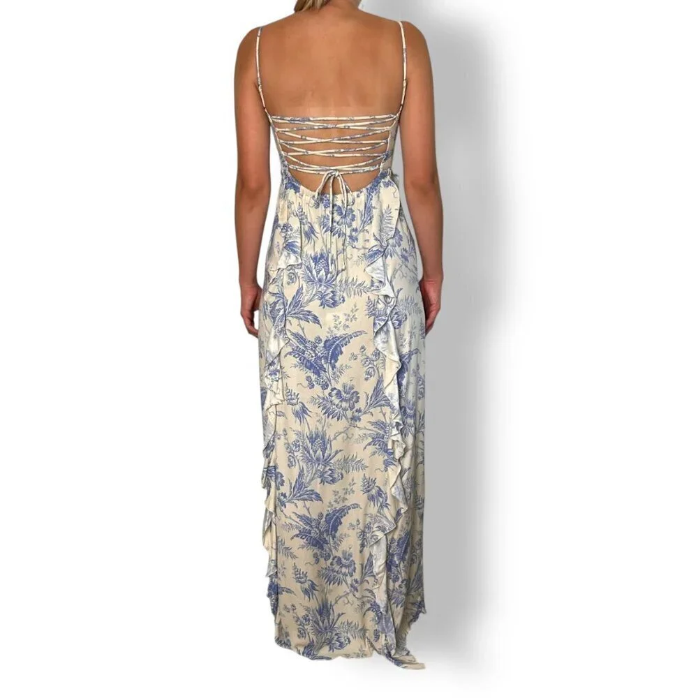 Chaser Maxi Dress Blue Cream Toile Ruffle Lace Up Back Sz XS Victorian Garden